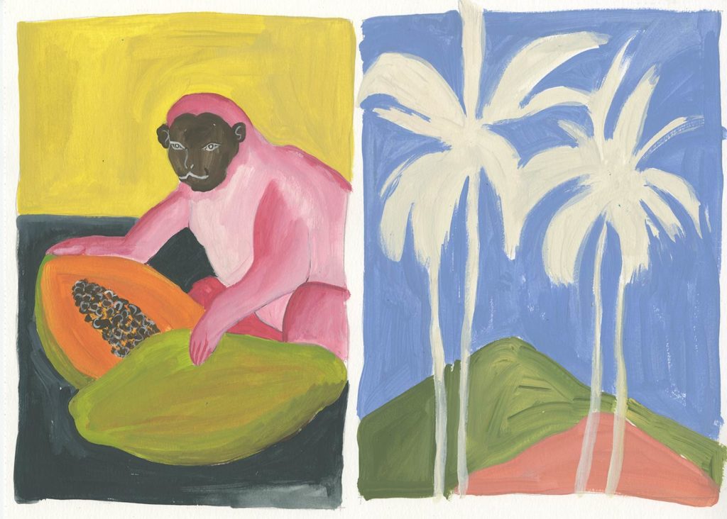 Ilustración de un mono rosa sobre fondo amarillo junto a un paisaje con palmeras sobre cielo azul. Poppyns Magazine