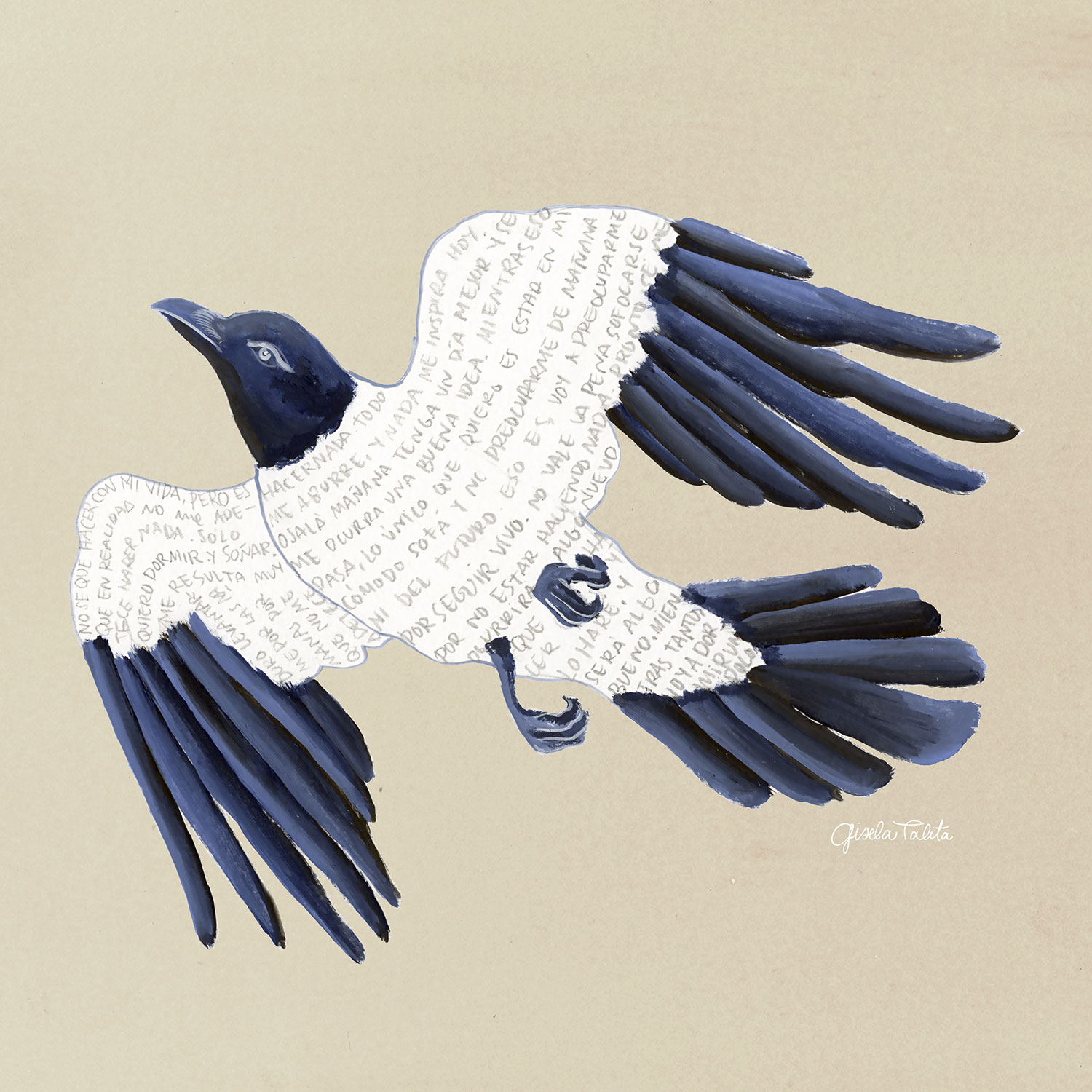 Ilustración de un pájaro con las plumas azules y el cuerpo blanco con un texto que dice no sé qué hacer con mi vida, pero es que en realidad no me apetece hacer nada, solo quiero dormir y soñar. Poppyns Magazine