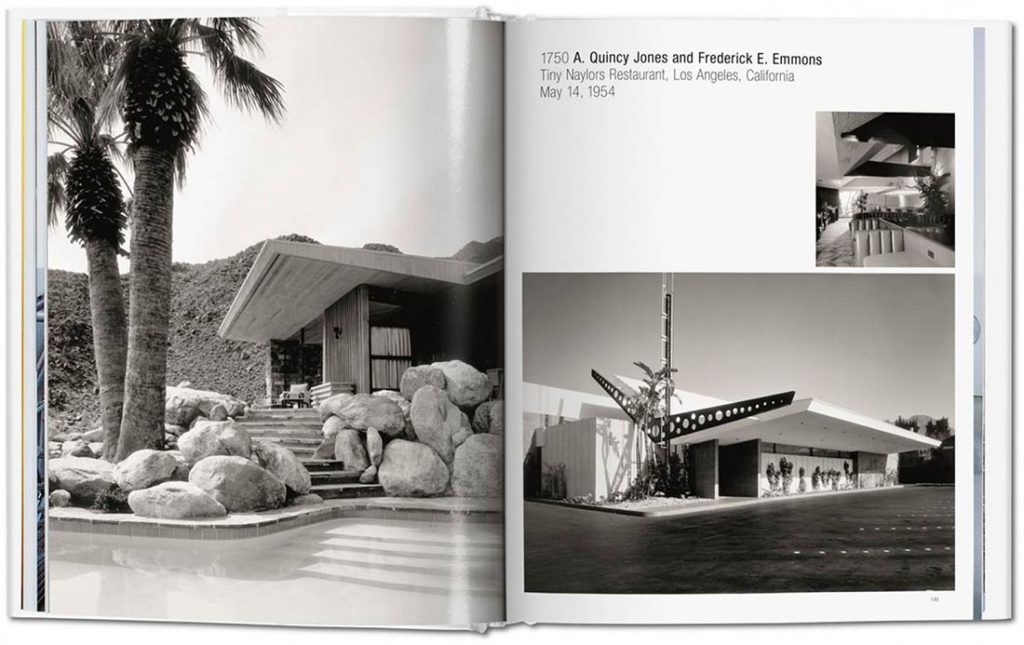 Interior de publicación con fotografías en blanco y negro de edificaciones modernistas y con el texto A. Quincy Jones and Frederick E. Emmons. Poppyns Magazine